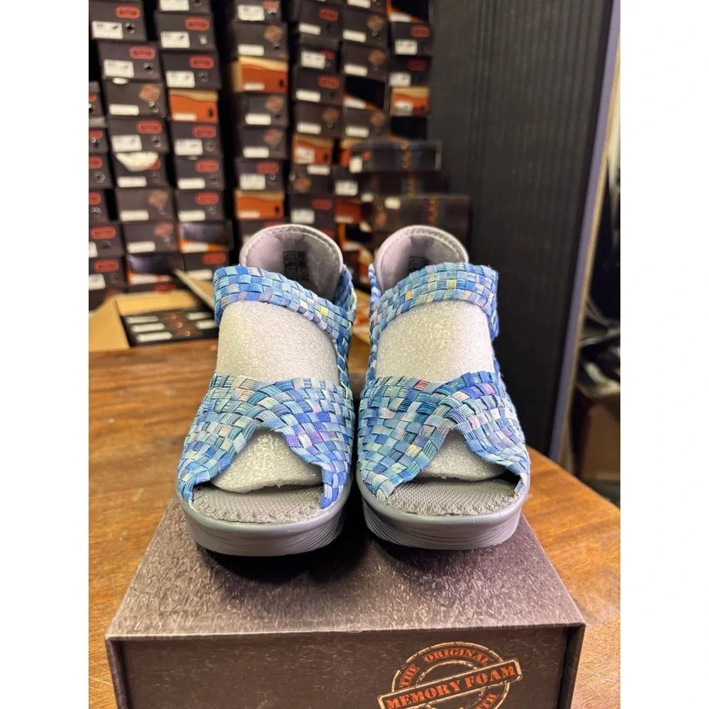 Bernie Mev Hallie Multi Camo Blue Woven Wedge Sandals Size 37 US 6.5-7